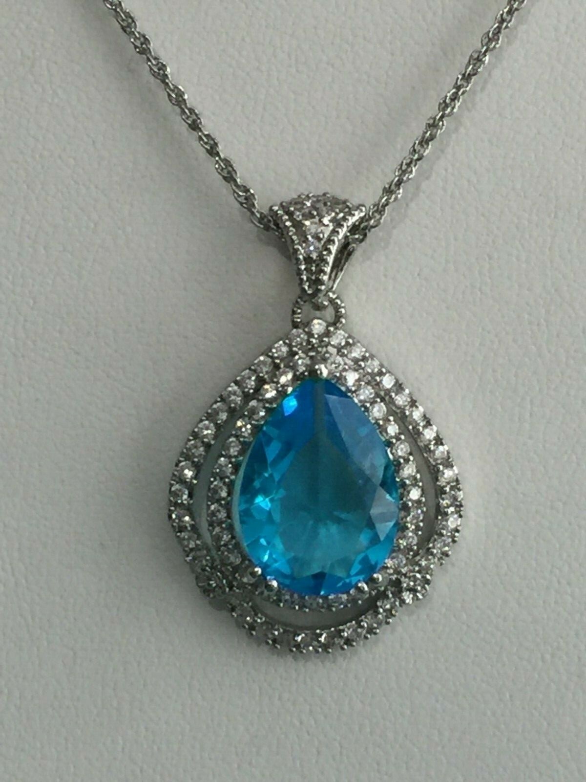 Stunning Blue Crystal & Clear CZ Statement Pendant Silvertone Brass 18 + 2 Inch