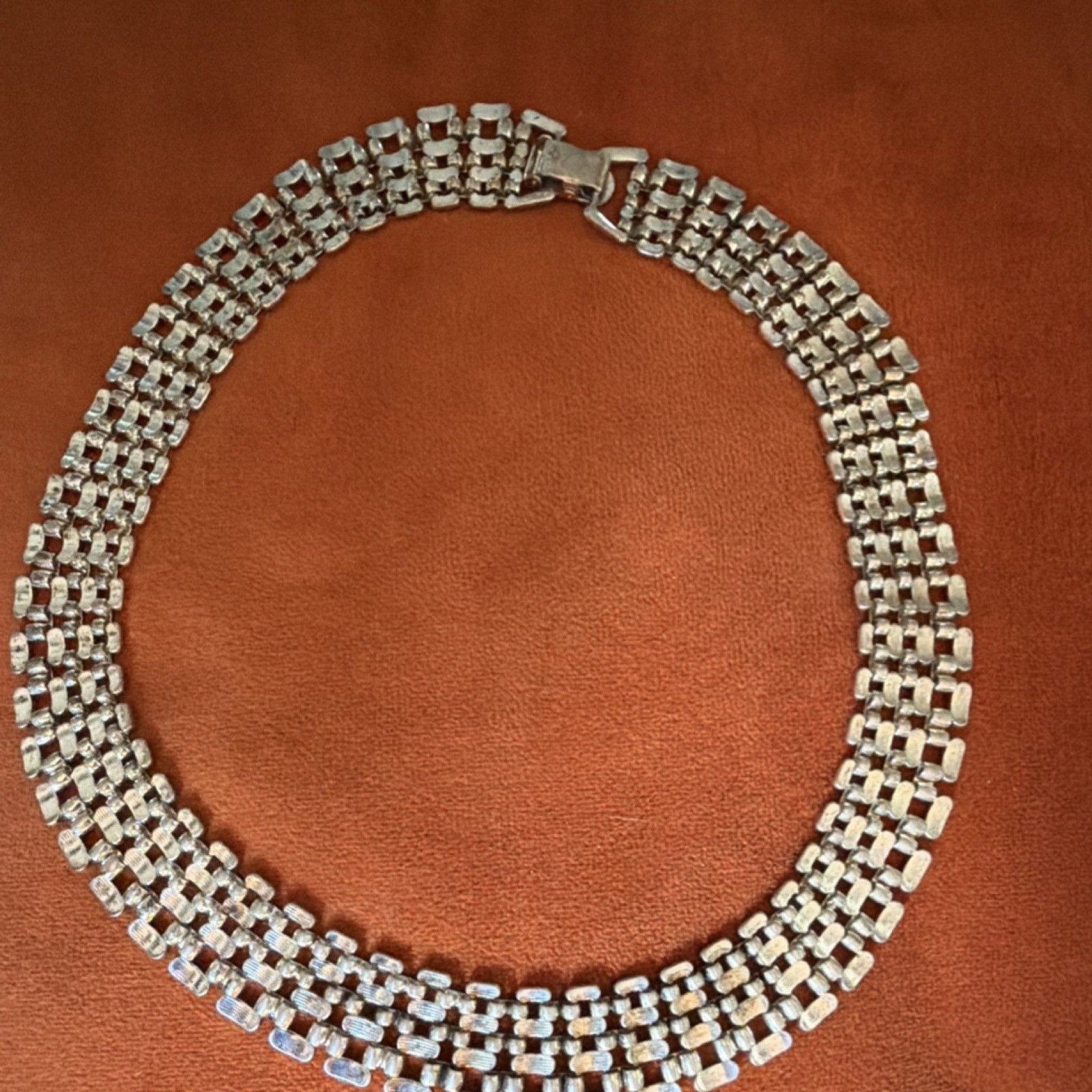 Silver Tone Multi-Row Link Chain Necklace Box Clasp No Stones