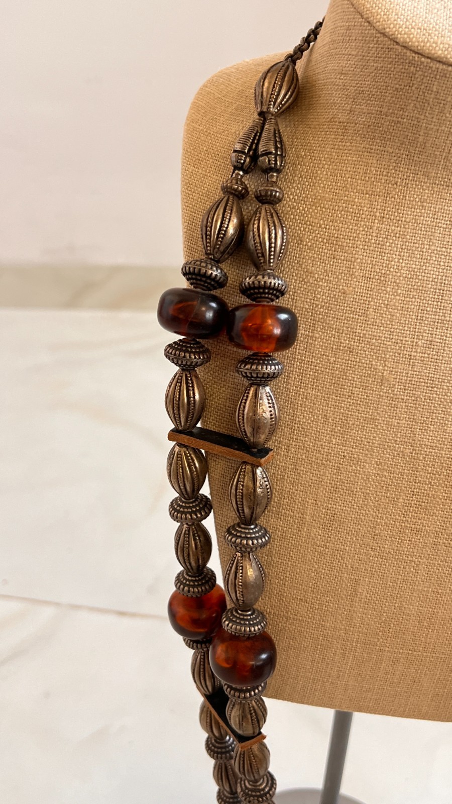 long statement double strands vintage silver necklace with amber and leather