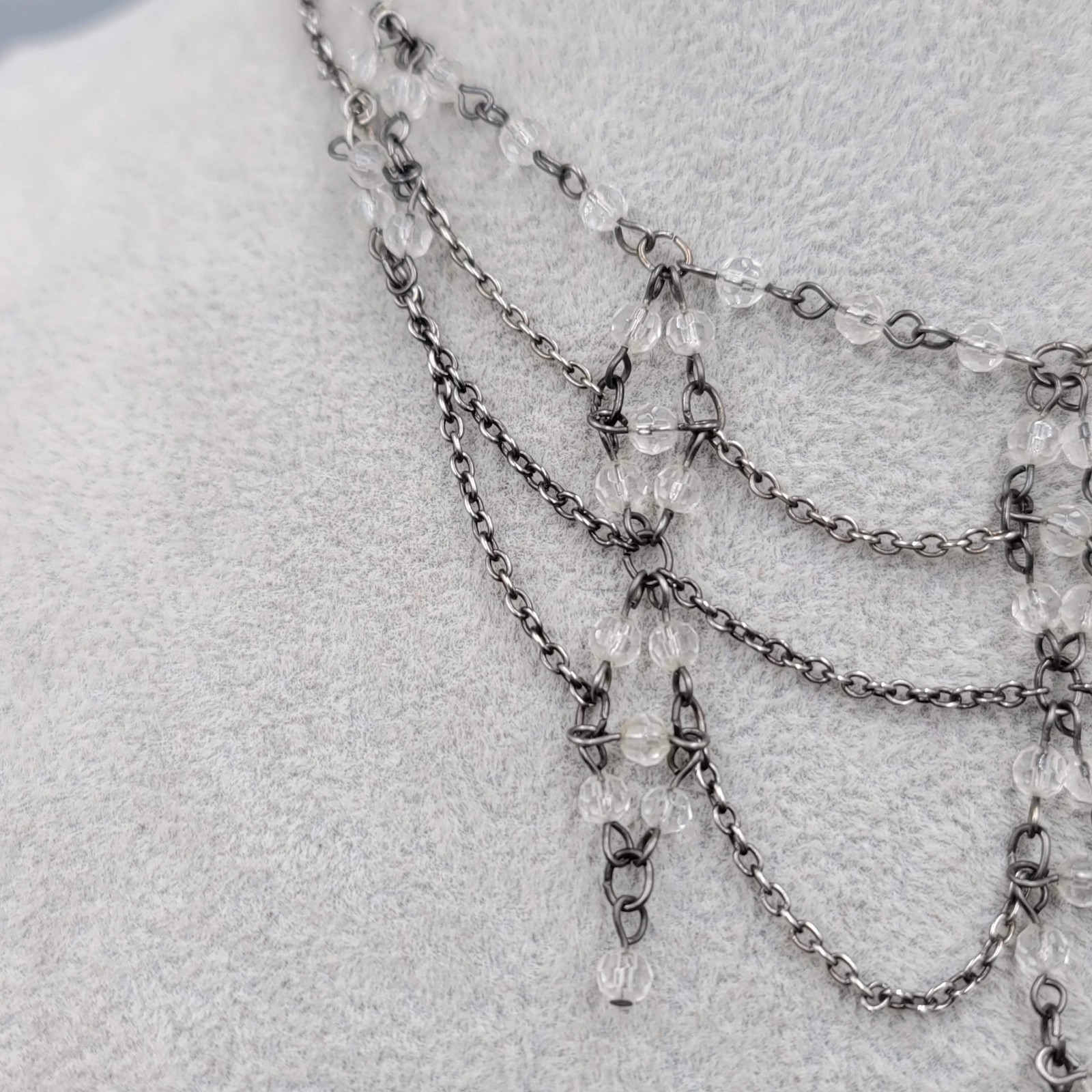 Draped Chain Clear Bead Necklace Gunmetal Gray Adjustable
