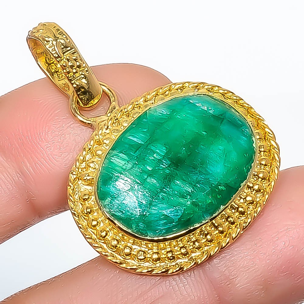 Emerald (Lab-Created) Gemstone 925 Silver Gold Plated Pendant 1.56″ P7622-155