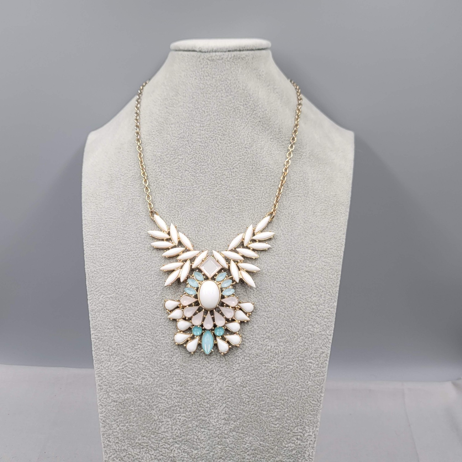 White Blue Acrylic Rhinestone Statement Bib Necklace Gold tone