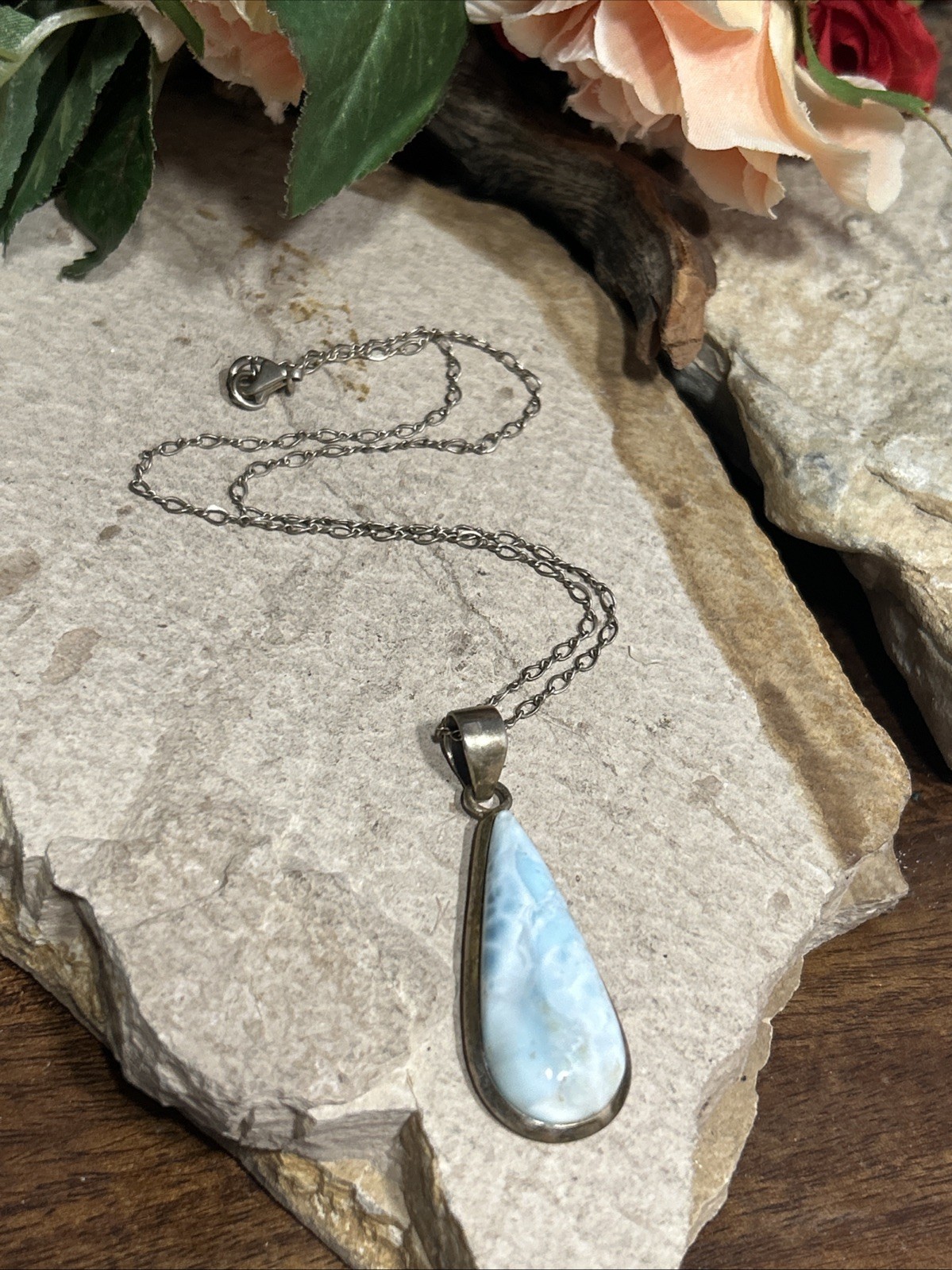 46. Vintage Sterling Silver 925 Blue Larimar Stone Drop Pendant Necklace 16.5″