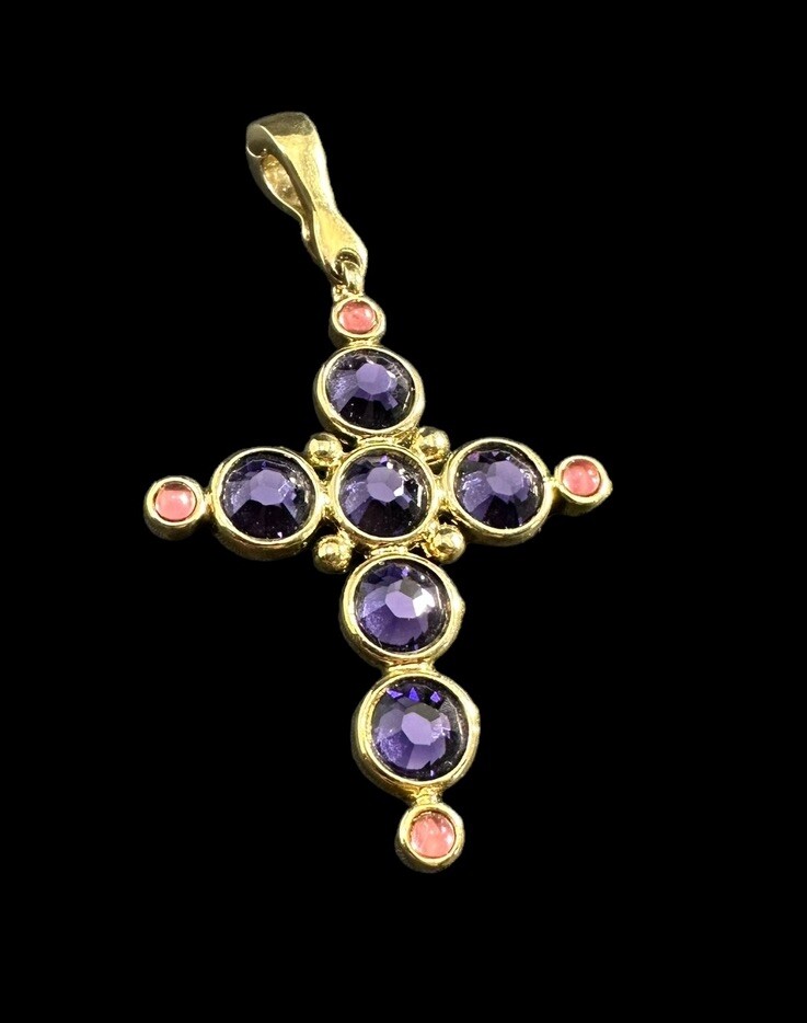 Pendant Cross Signed Francesca Visconti Gold Tone Pink And Purple Rhinestone
