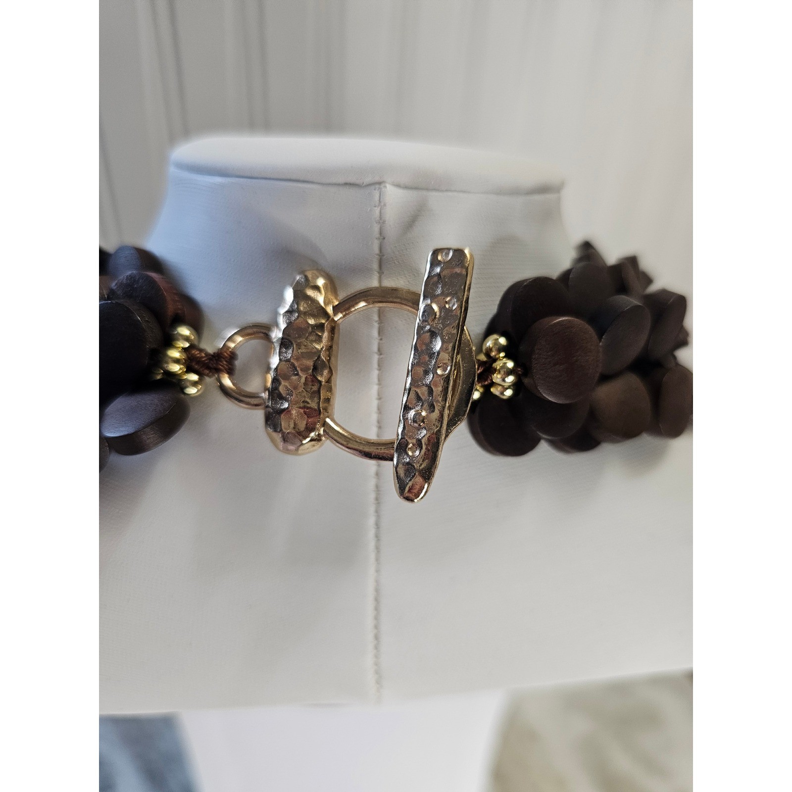Layered Beaded Statement Bib Necklace Womens OS Cream Brown Wood Resin Boho