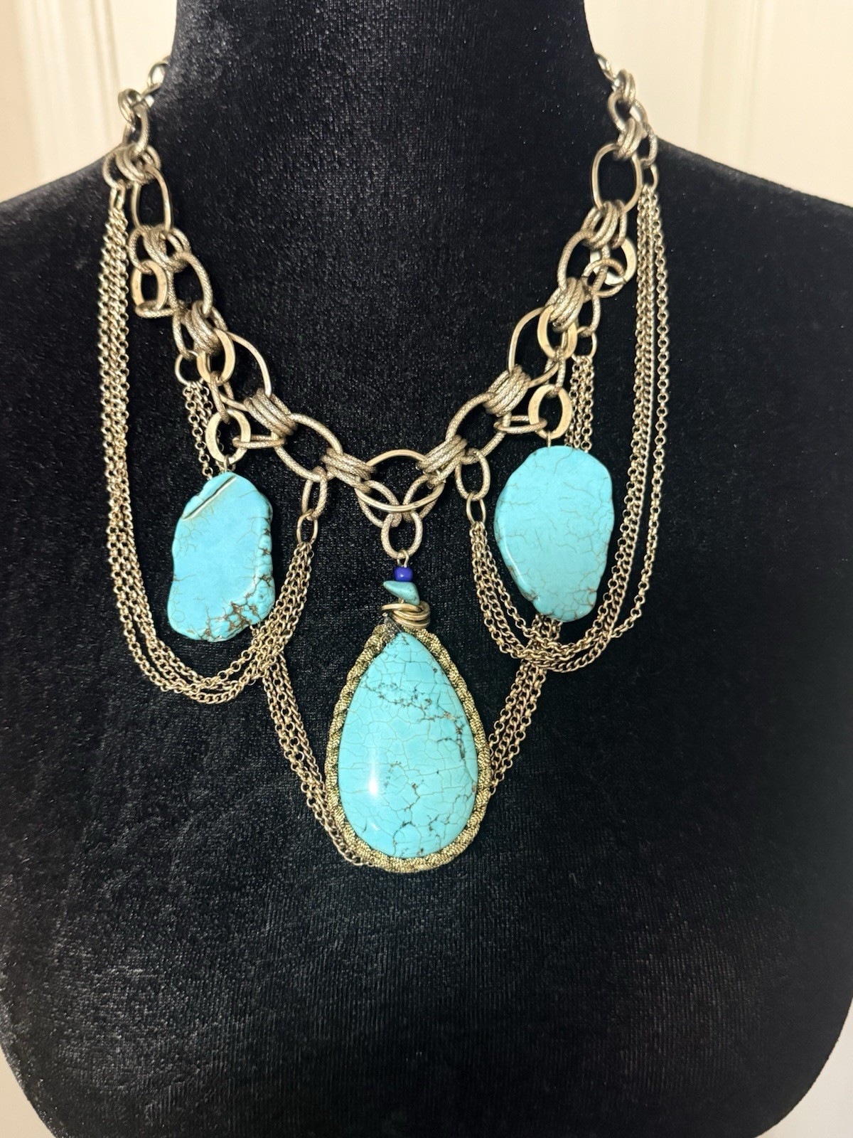 Boho Turquoise Statement Necklace Gold Tone Layered Chain Bib Necklace