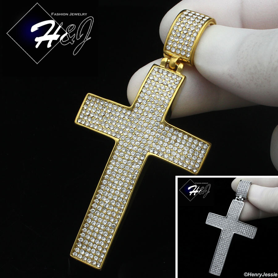 MEN STAINLESS STEEL ICY BLING CZ SILVER/GOLD PLATED 3D CROSS PENDANT*IP21