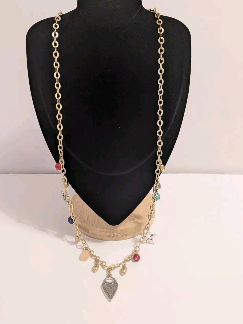 Chico’s Gold Tone Charm Heart Necklace With Multiple Charms & Beads. 34″. BOHO