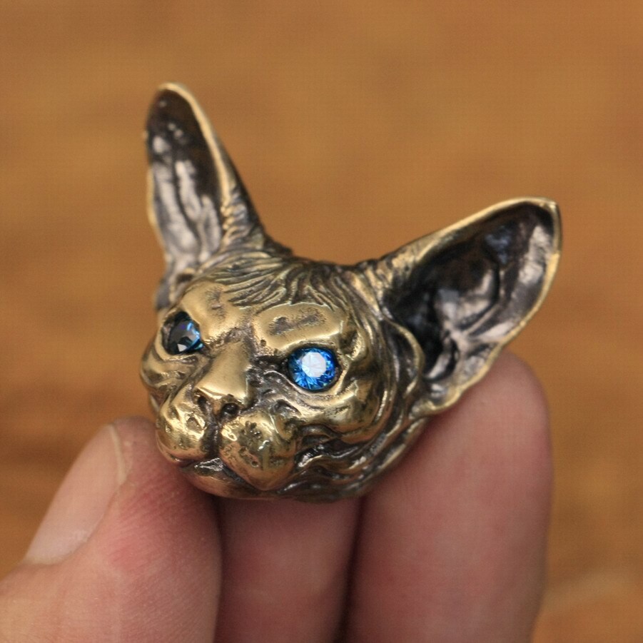 Good Details Blue Eyes Brass Sphynx Cat Pendant Punk Animal Jewelry BR113A