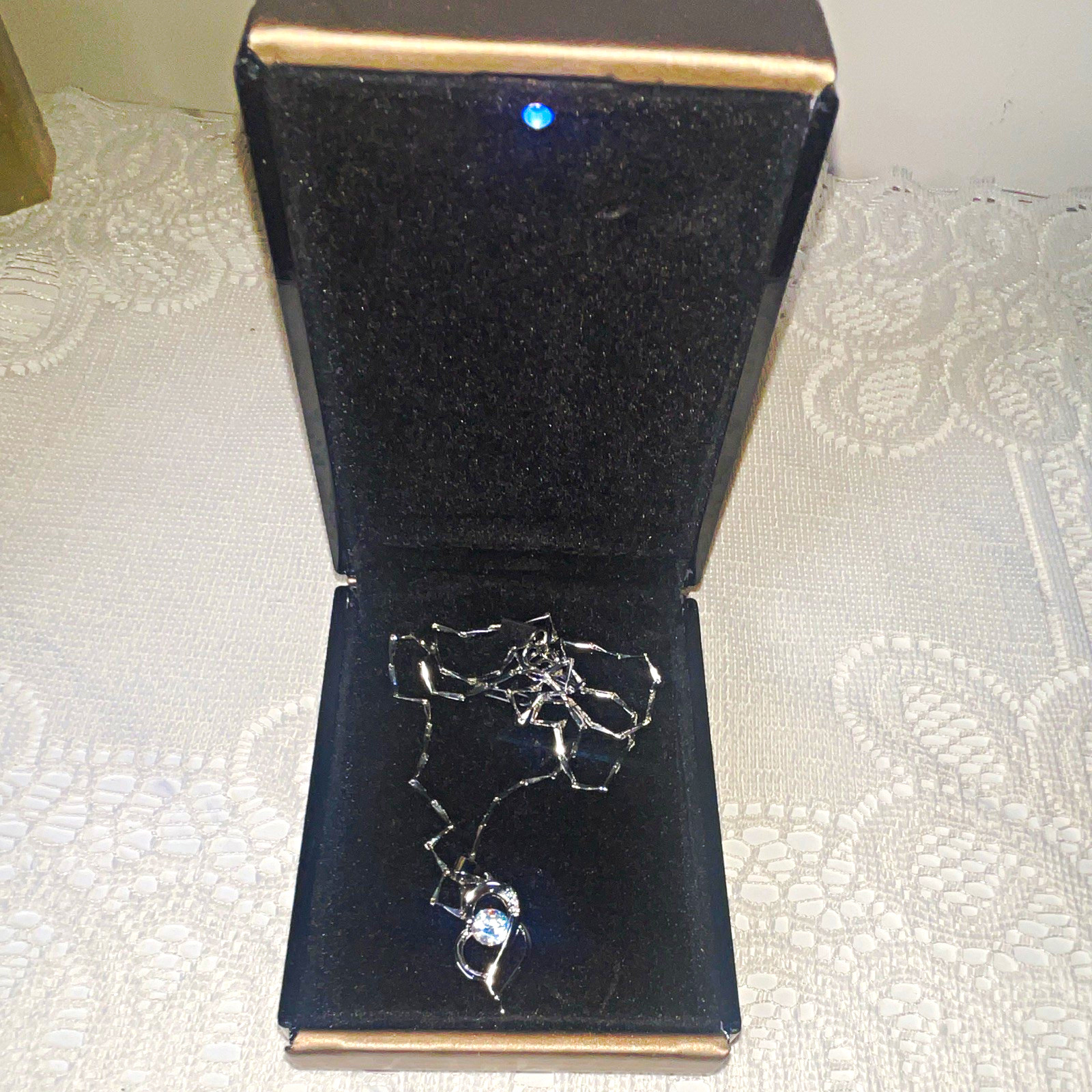Silver Tone Cable Chain Necklace Round Clear Crystal Charm Pendant