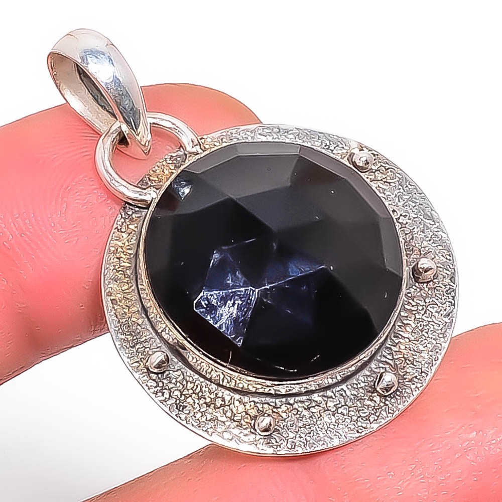 Black Onyx Sand Paper Textured 925 Sterling Silver Pendant 1.48″ T45