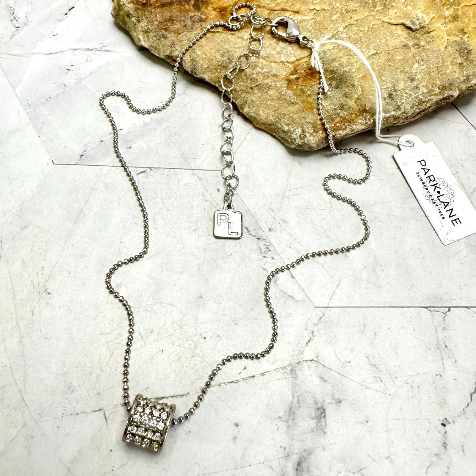 NWT Park Lane Craze Necklace Silver Tone CZ Pave Barrel Pendant Ball Chain 15″