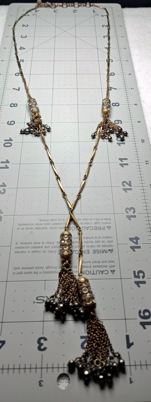 J Crew Brass Link Chain Necklace Clear Crystal Tassel Necklace