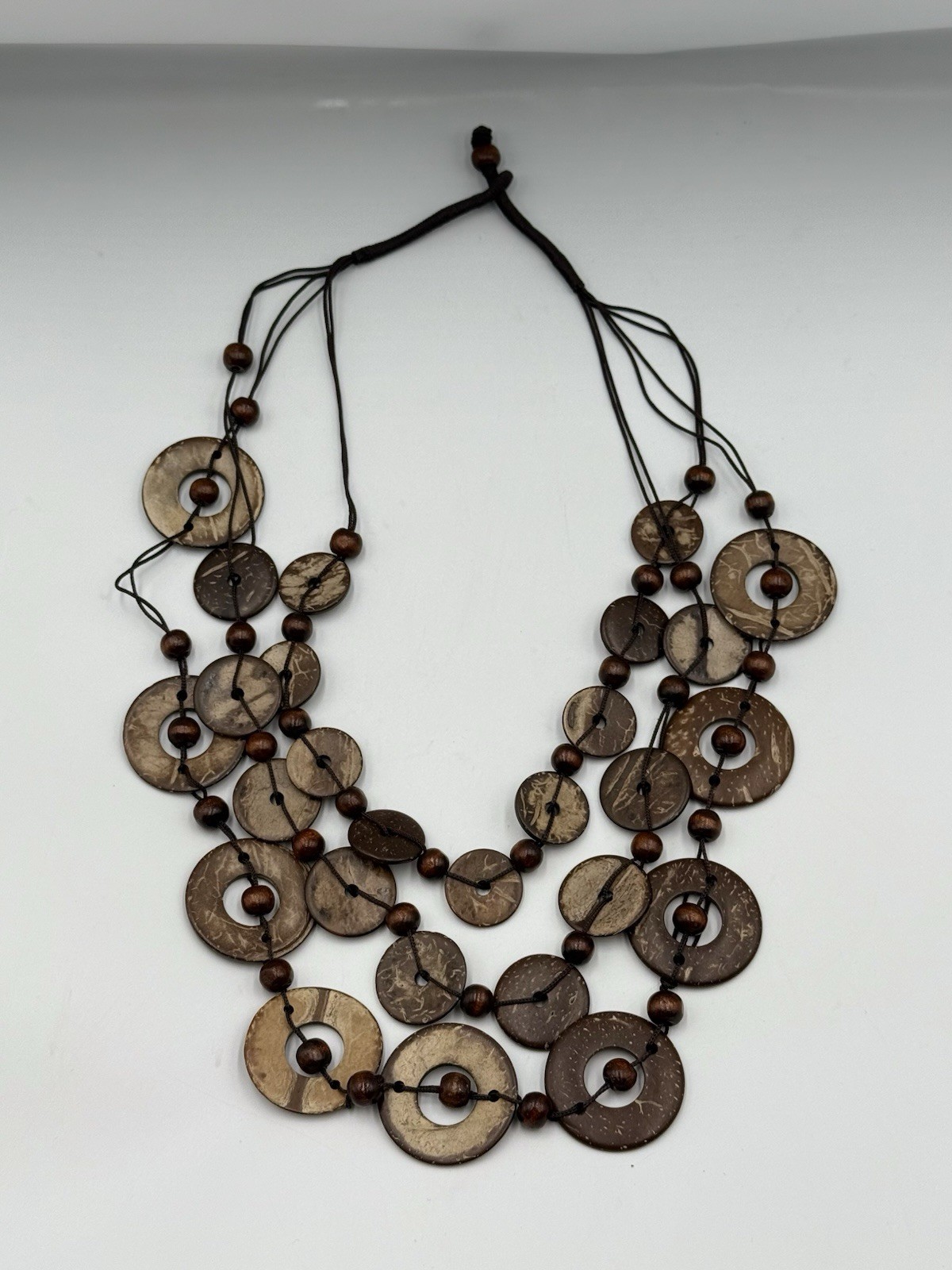 Boho Coconut Shell Statement Necklace Adjustable Layered Wooden Bead