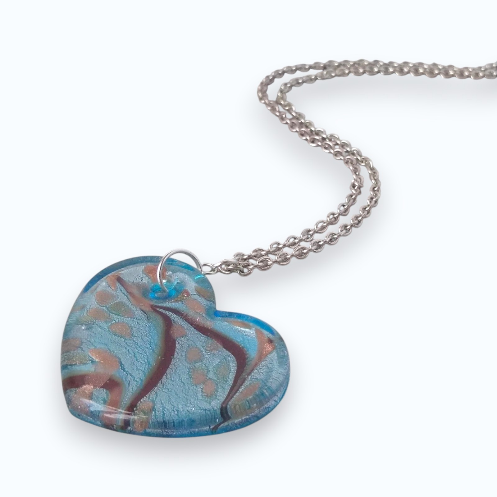 Blue Glass Heart Pendant Necklace Artsy Love Gift Statement Jewellery