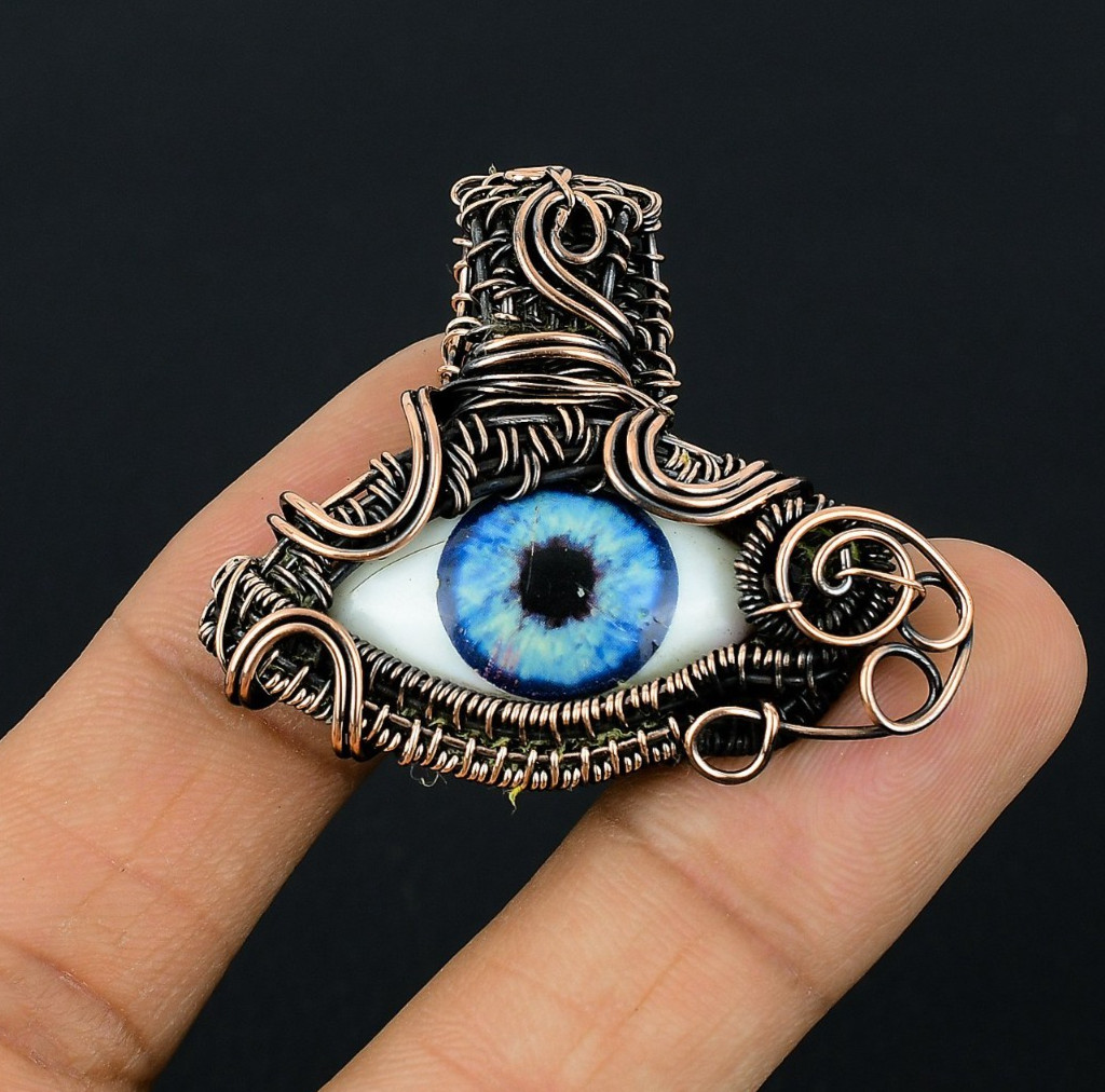 Blue Evil Eye Handmade Gemstones Cropper Wire Wrap Everyday Jewelry Pendant