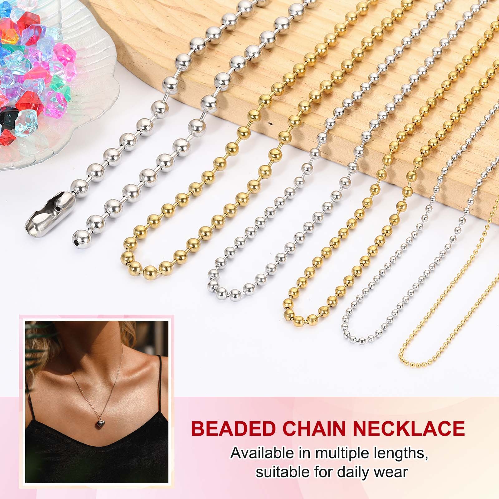 3 Pack 18/20/24 Inch Long Gold Beaded Chain Necklace 1.5/2.4/4.5mm Dia Bead Ball