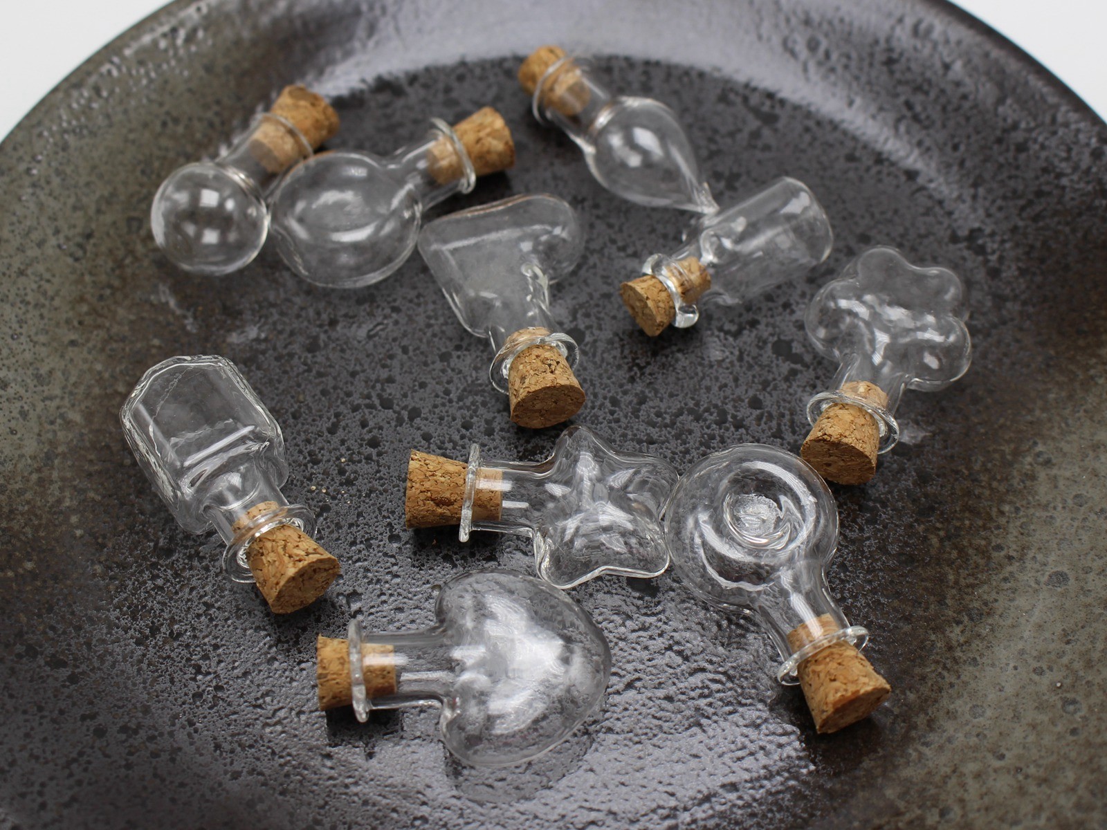 10 Assorted Mini Empty Glass Bottle Vials Cork Charm Pendants Wish Bottles
