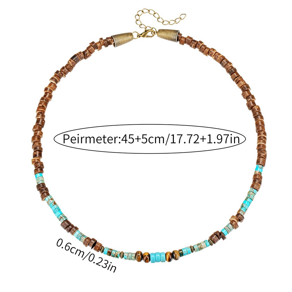 Mens Boho Necklace Natural Wood Turquoise Beads Surfer Choker Handmade Jewelry