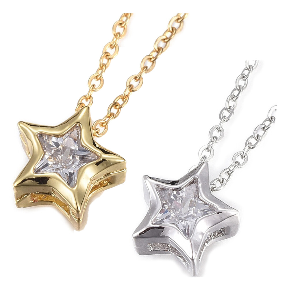 304 Stainless Steel Pendant Necklaces Cubic Zirconia Star Silver Gold 17.8″ P661