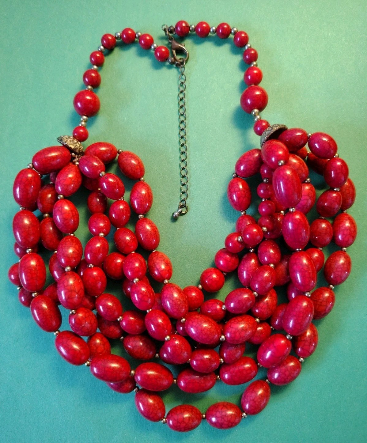 Multi Stranded Faux RED HOWLITE Lucite Beaded BIB Necklace