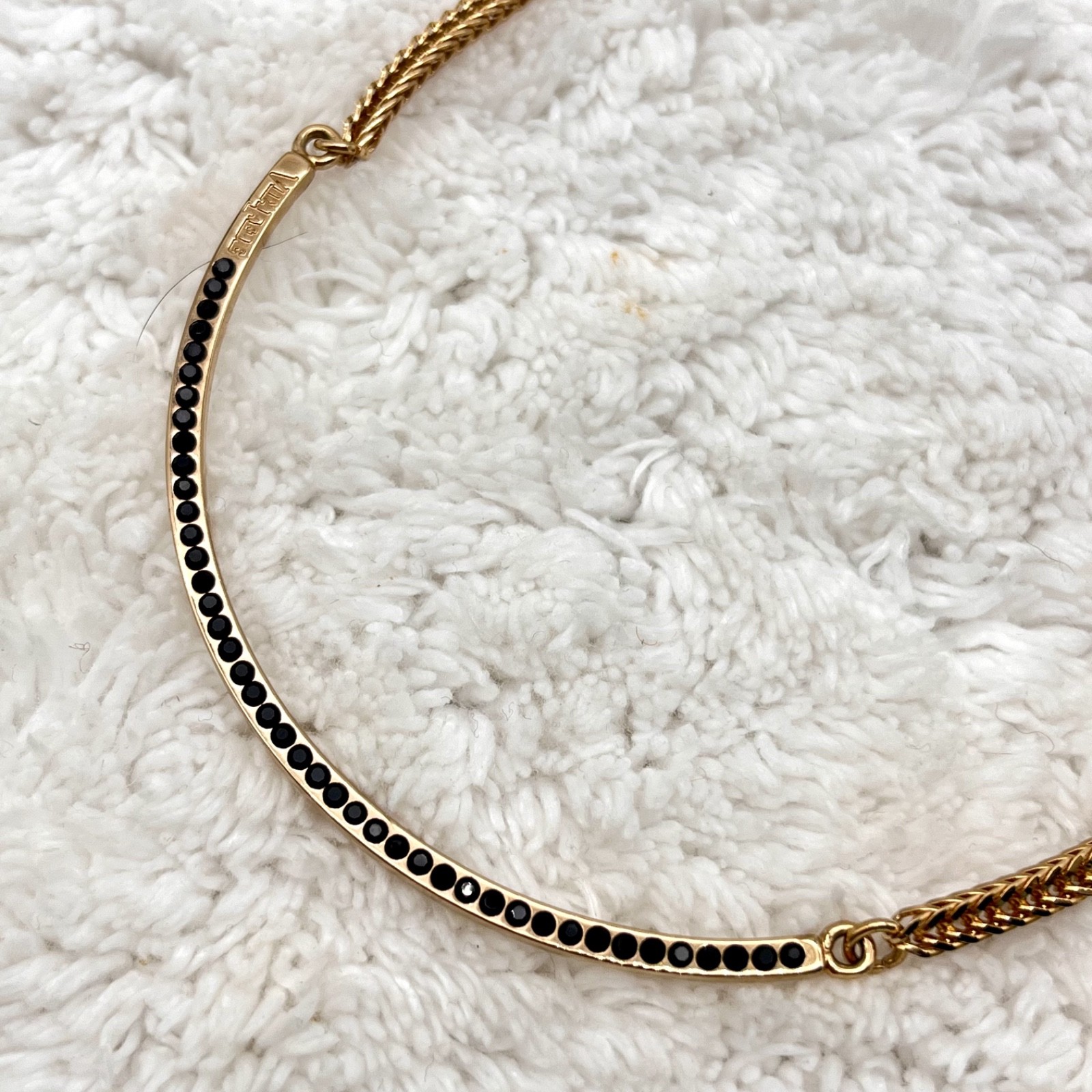 Vita Fede Half Moon Necklace Gold Tone Foxtail Chain Black Stones Signed 15″