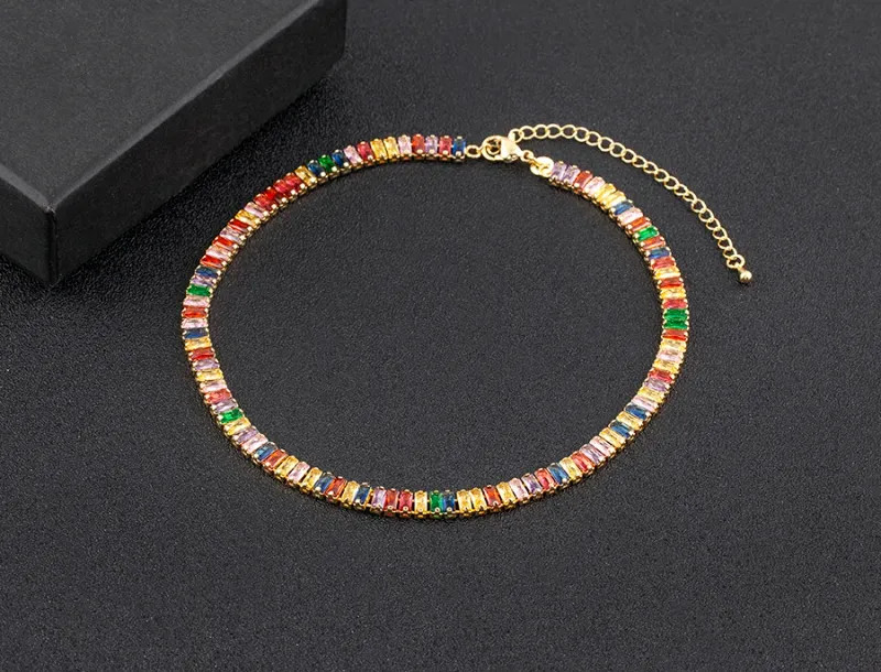 Classic Colorful Tennis Necklace Men and Women Rectangular Full Zircon.