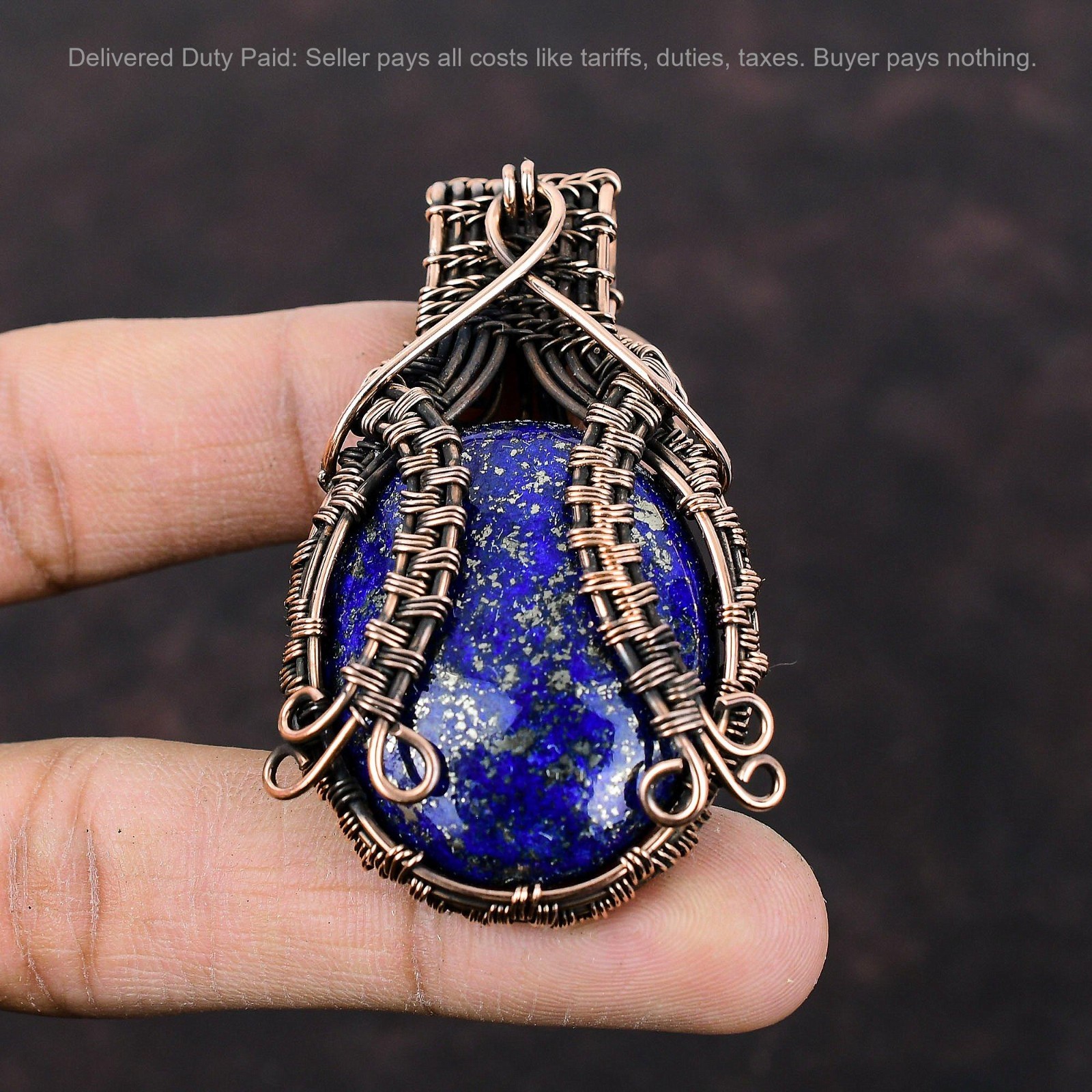 September Lapis Lazuli Gemstone Wire Wrapped Art Deco Engagement Pendant Copper
