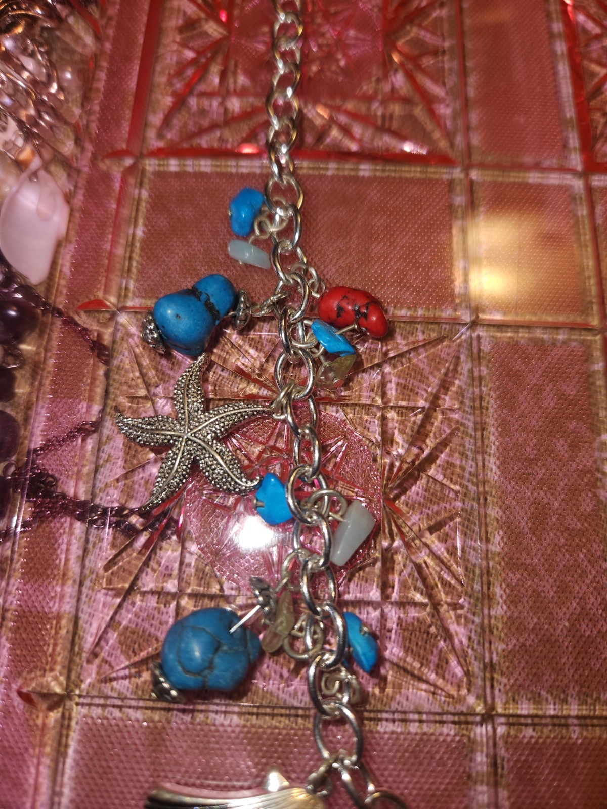 Silver Starfish Seashell Charm Necklace Turquoise Stone Coral Beads