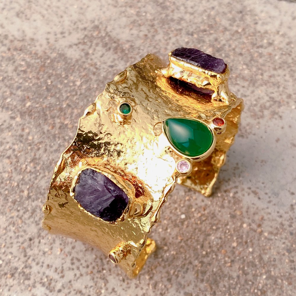 Natural Gemstone Healing Crystal Cuff Bracelet Agate Amethyst Open Bangle