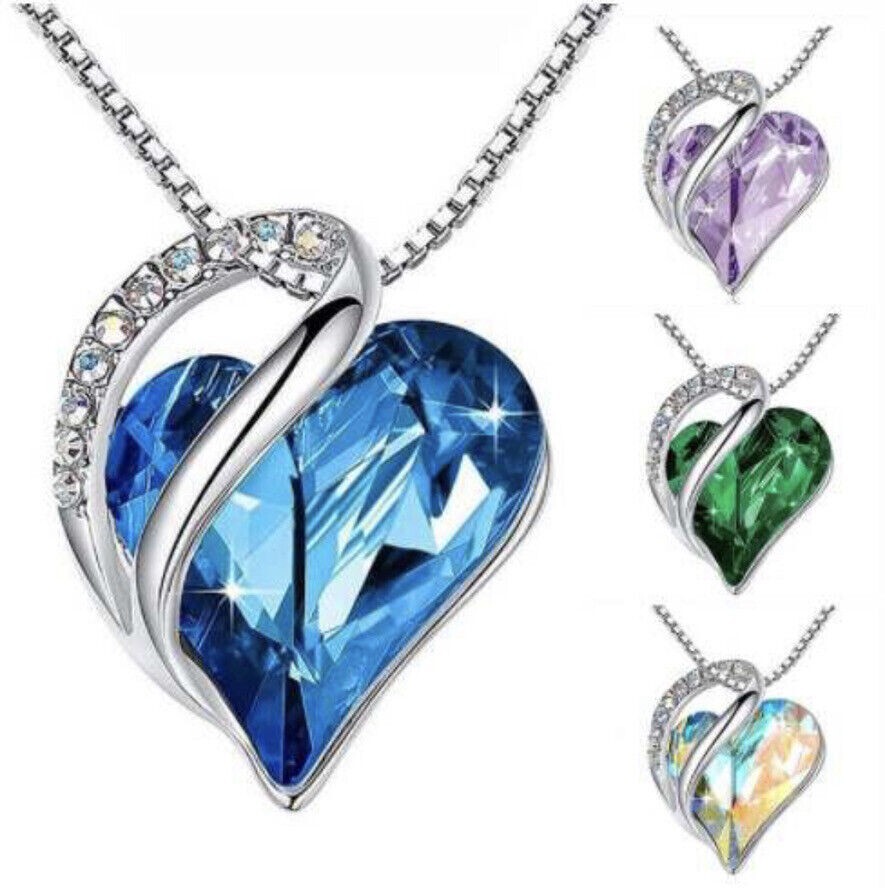 Birthstone Crystal Heart Shape Pendants Stainless Steel Necklace Women Girls