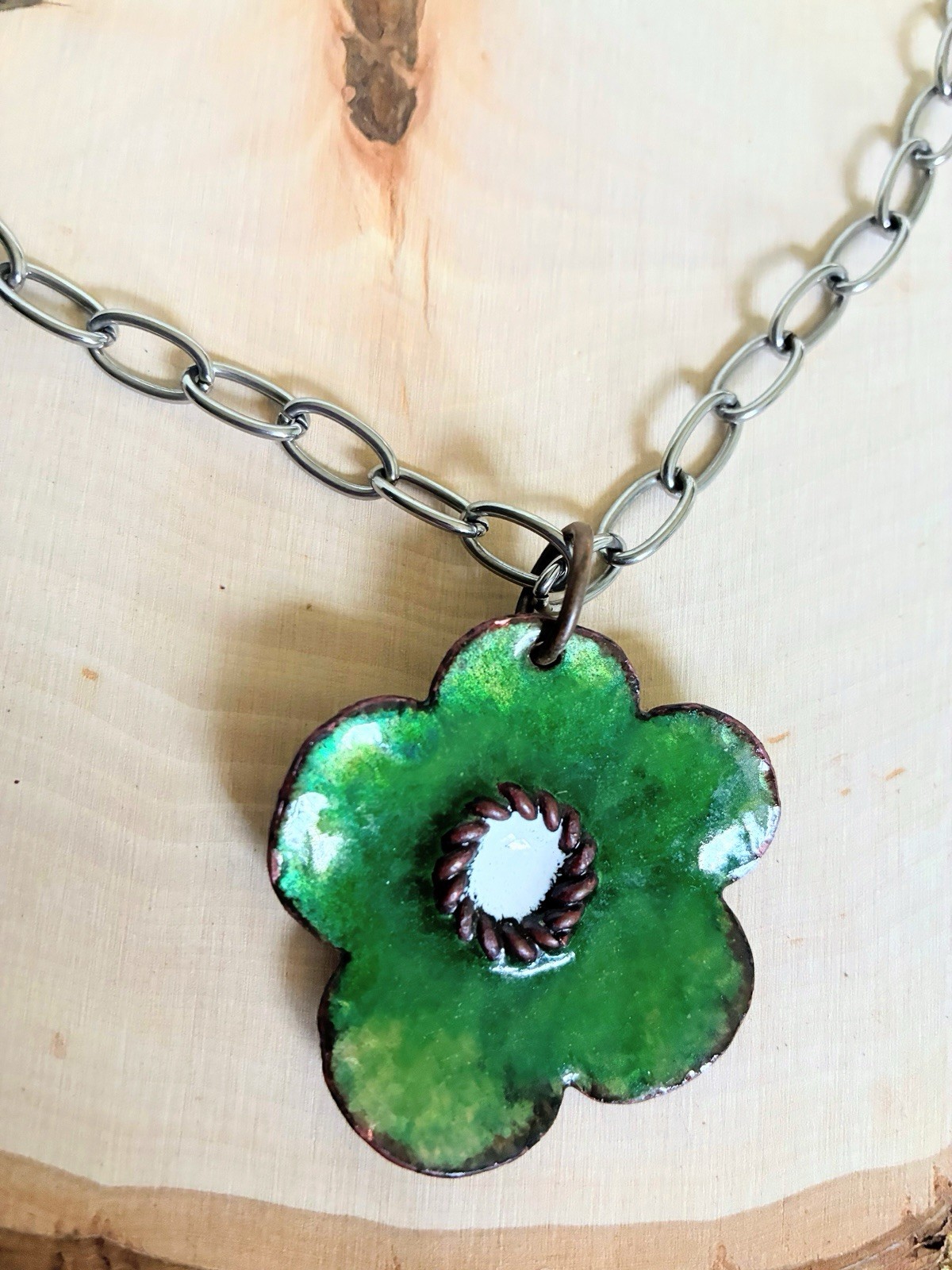 Green flower pendant necklace with white center enamel on copper pendant