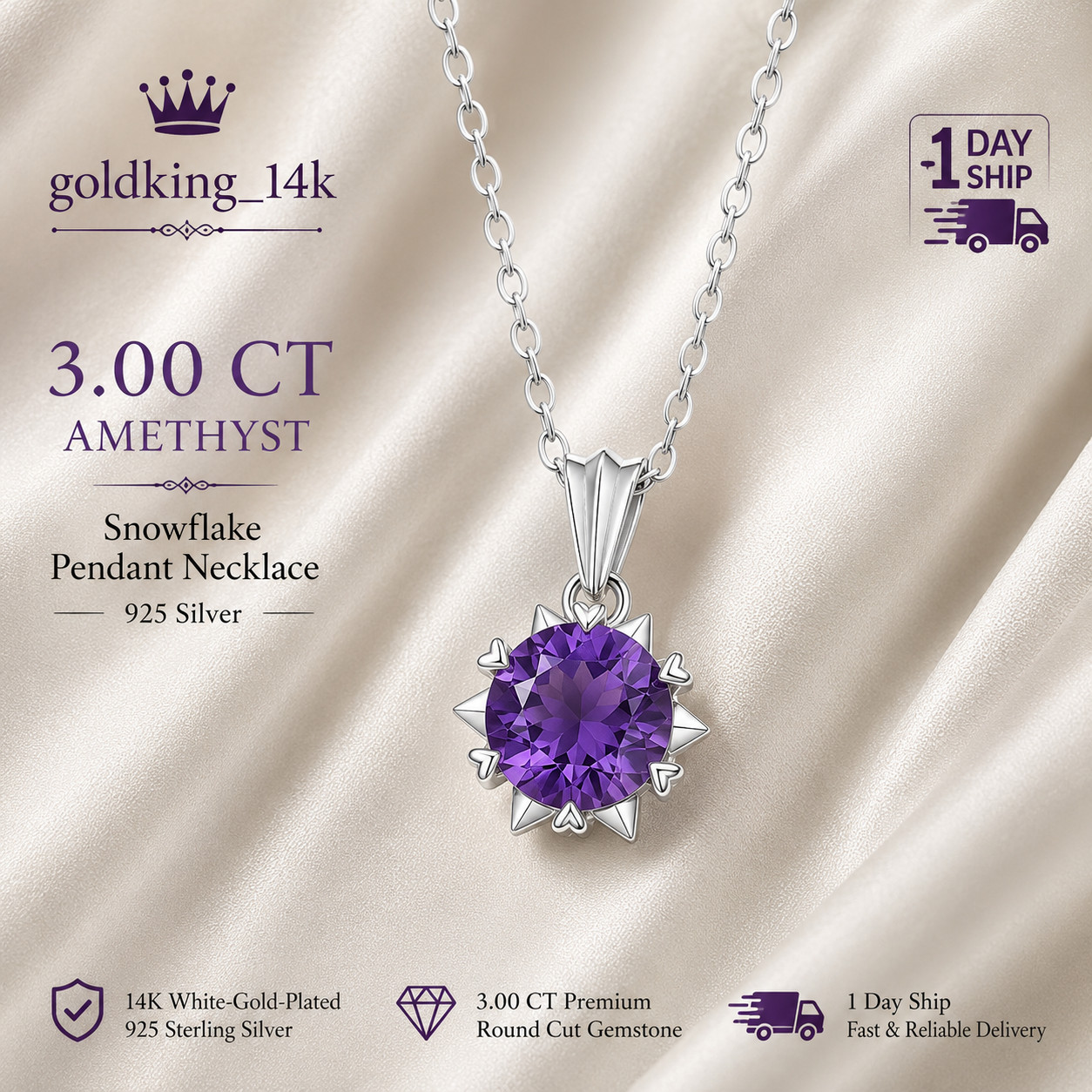 3 Ct Round Cut Amethyst Snowflake Pendant Necklace Women 14K White Gold Plated