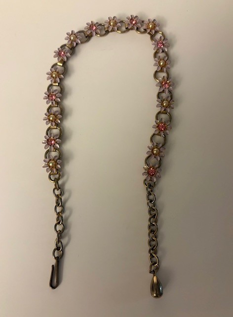 Gold Colored Flower Necklace with Pink & White Stones Vintage Jewelry