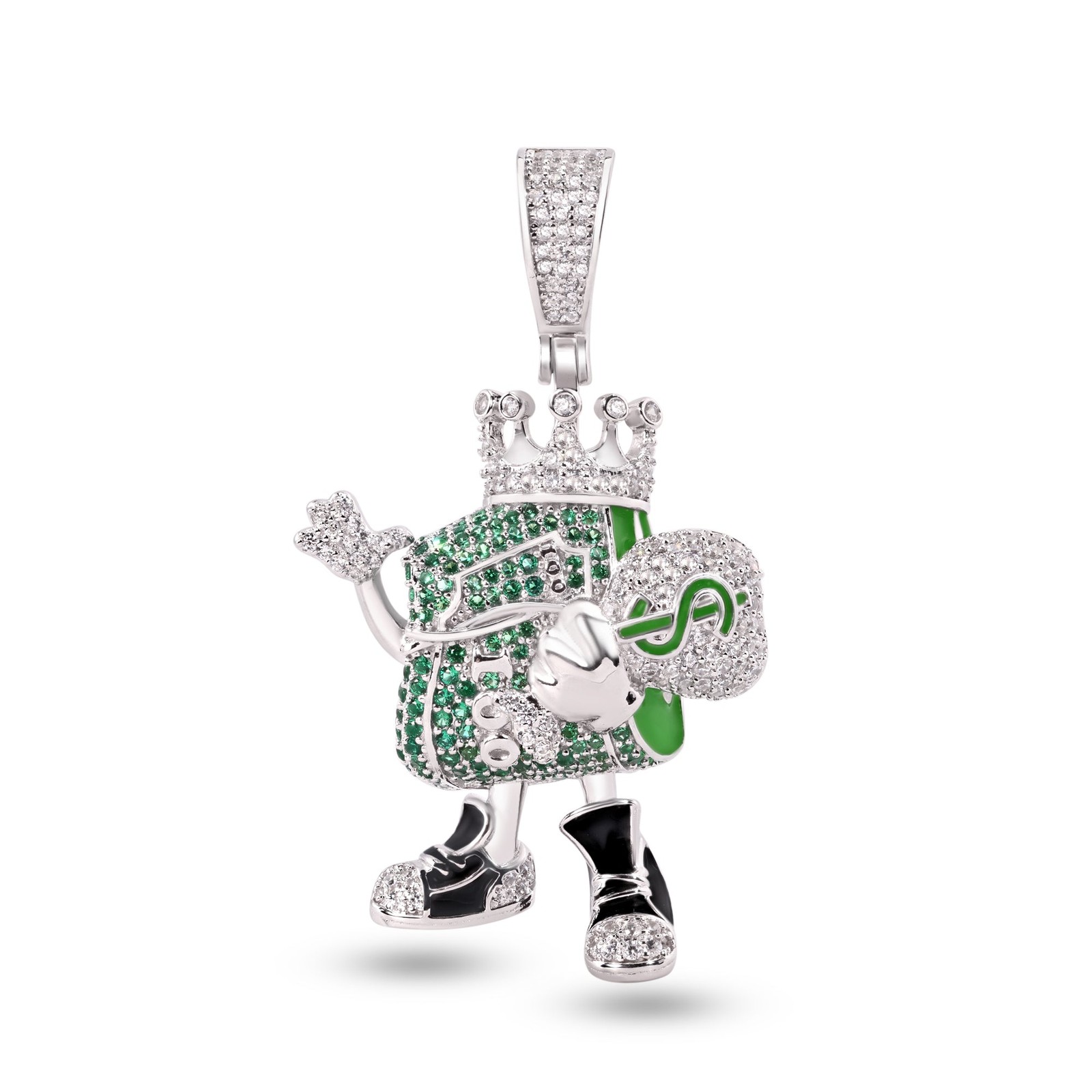 Rhodium Plated 925 Sterling Silver Cash King Money Bag Green Dinero CZ Pendant