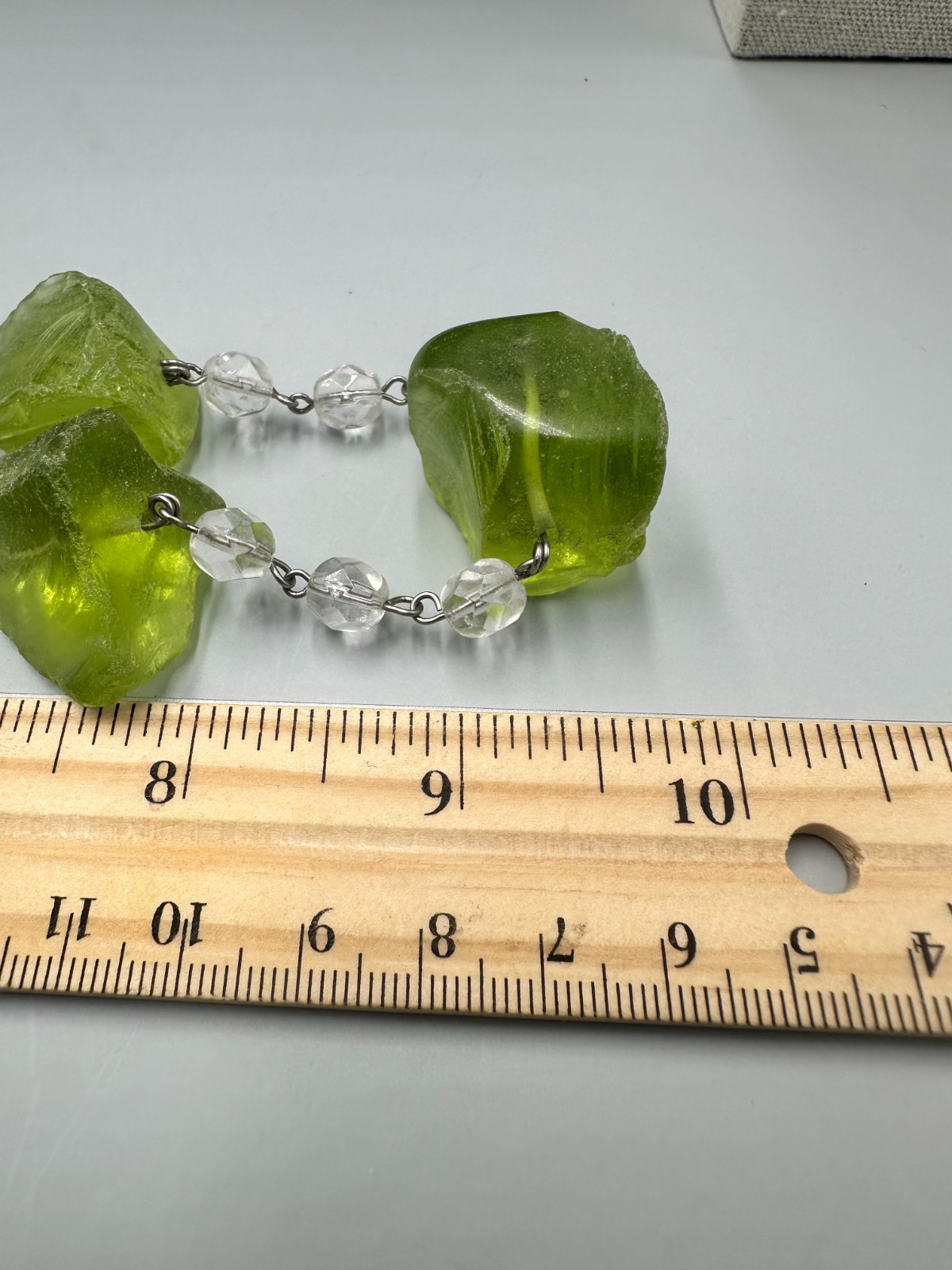Green Chunky Nugget Beaded Necklace Clear Faceted Link Long Statement 20 Inch