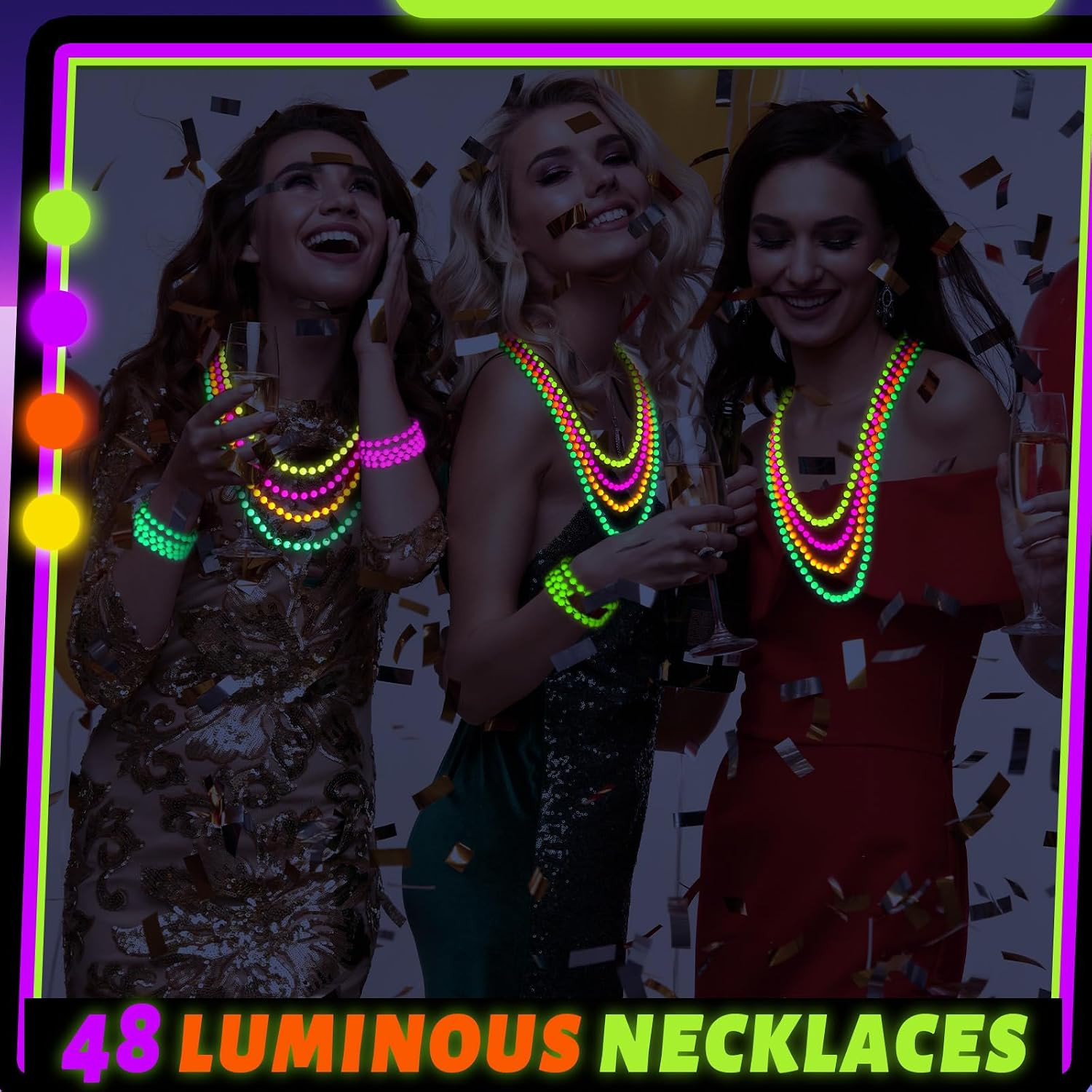 24 Pieces Neon Beads Necklaces 33″ Glow in The Dark UV Neon Bead Necklaces Glow