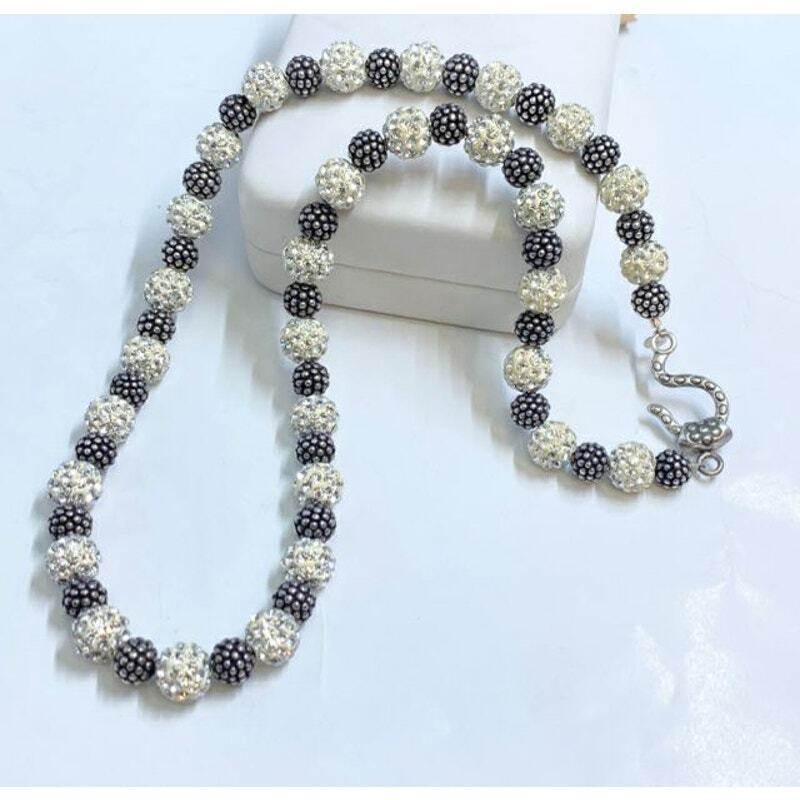 Sterling Aya Jordan Crystal Ball Textured Bead Hook Clasp Necklace 8mm 17″