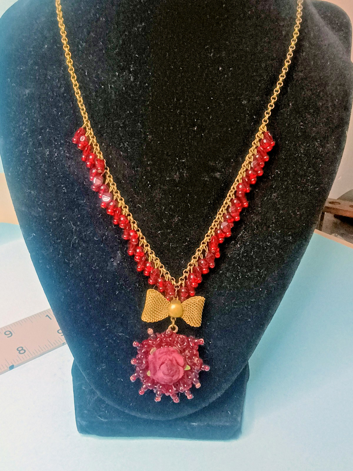 MICHAEL NEGRIN VICTORIAN REVIVAL BRASS GARNET BEADS ROSE PENDANT NECKLACE