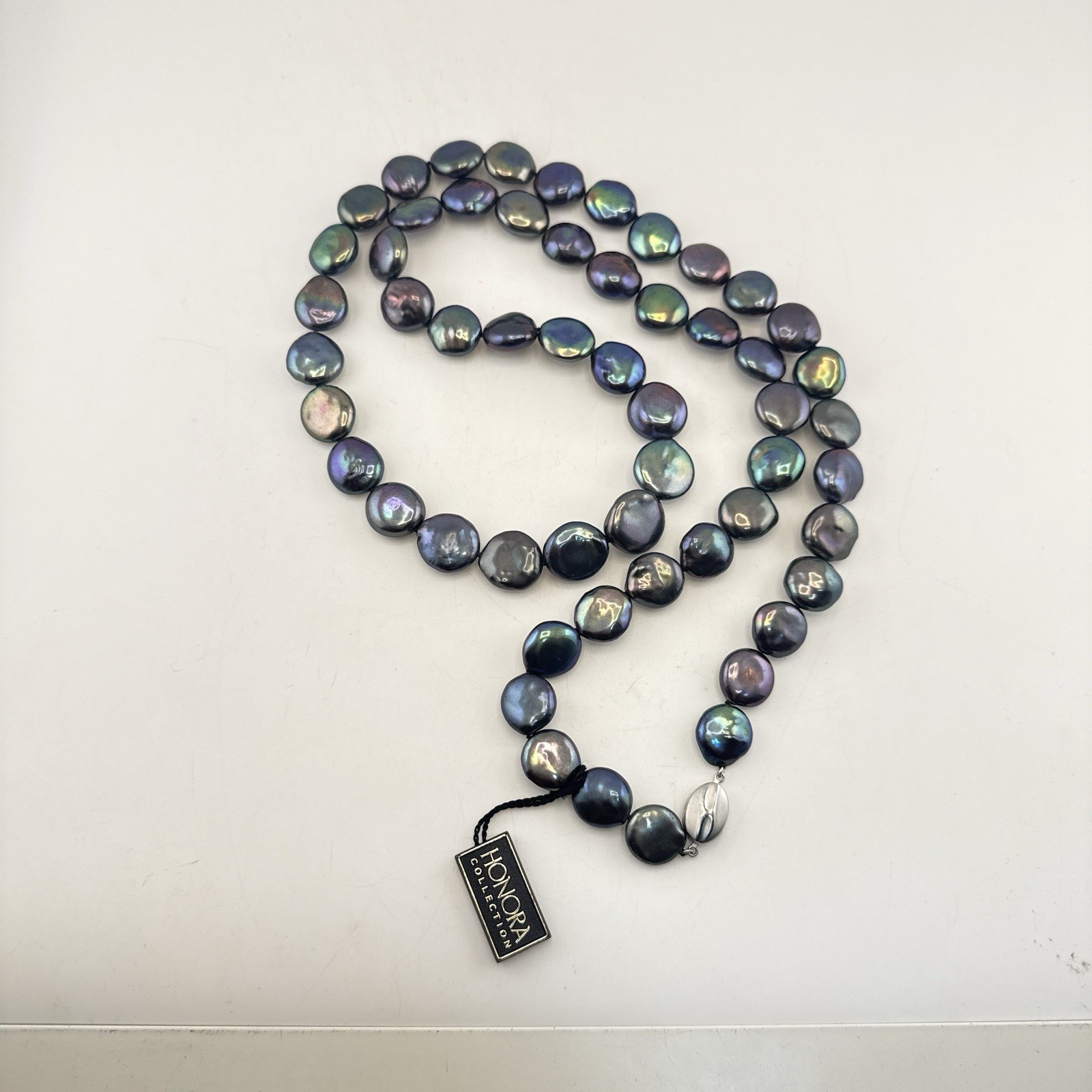 Honora Pearl Necklace Oil Slick Peacock Blue Purple Coin 36″ Chunky Modern