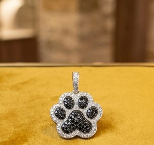 2Ct Black Onyx/Cubic Zircon Large 1.5″ Cat Paw Print Pendant Necklace Stones