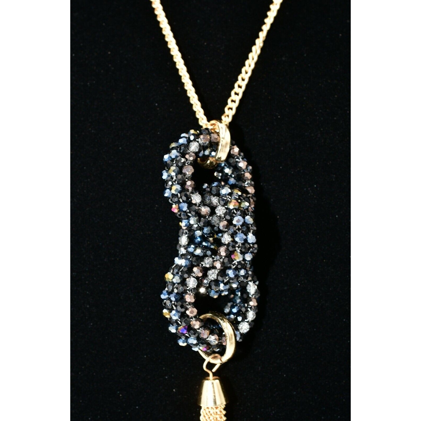 INC NWT Long Statement Necklace Layered Chain Tassel Gunmetal Crystal Gold BinL