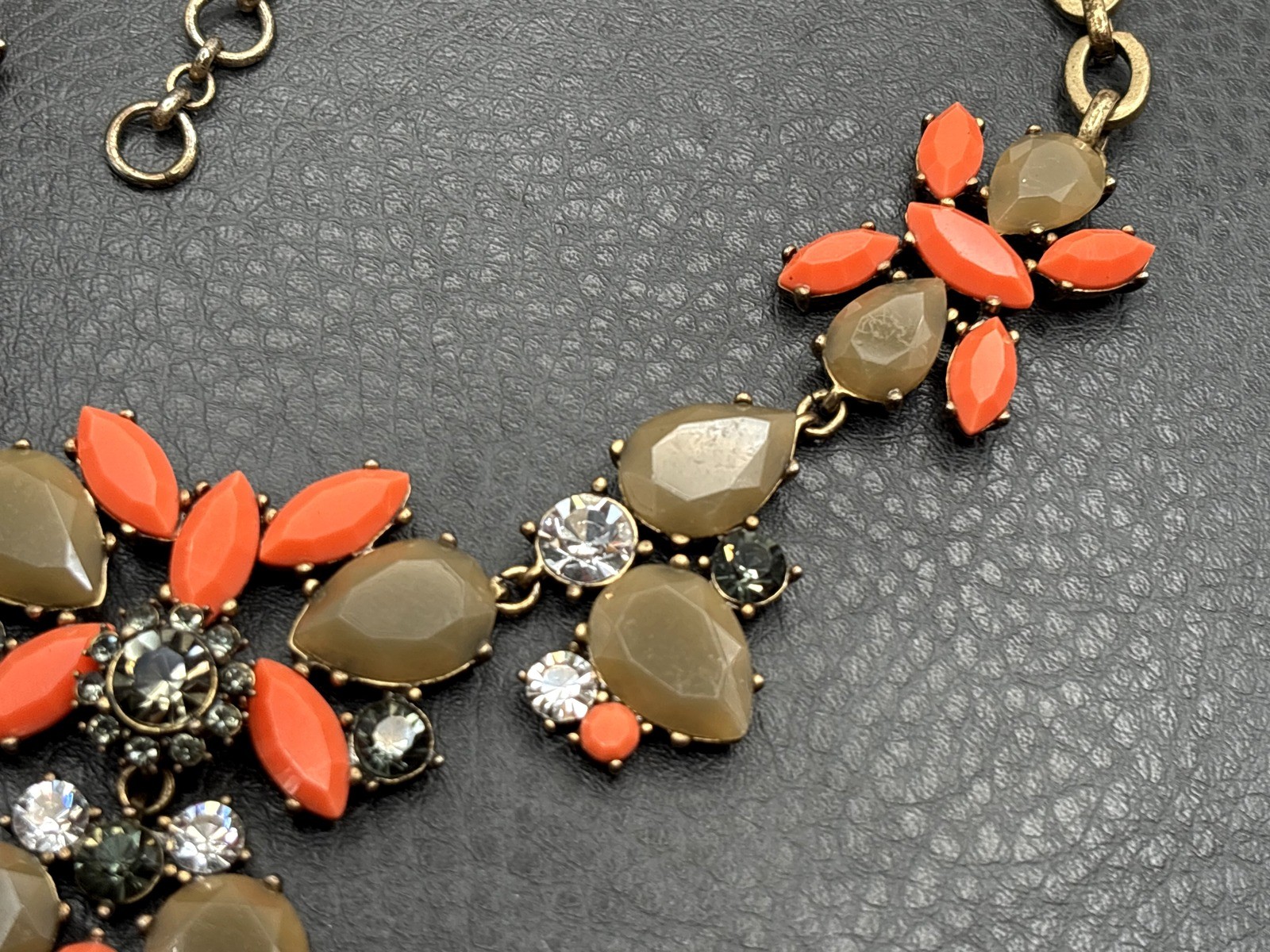 J Crew Statement Bib Necklace Faux Coral Orange Teardrop Rhinestone Brass Tone