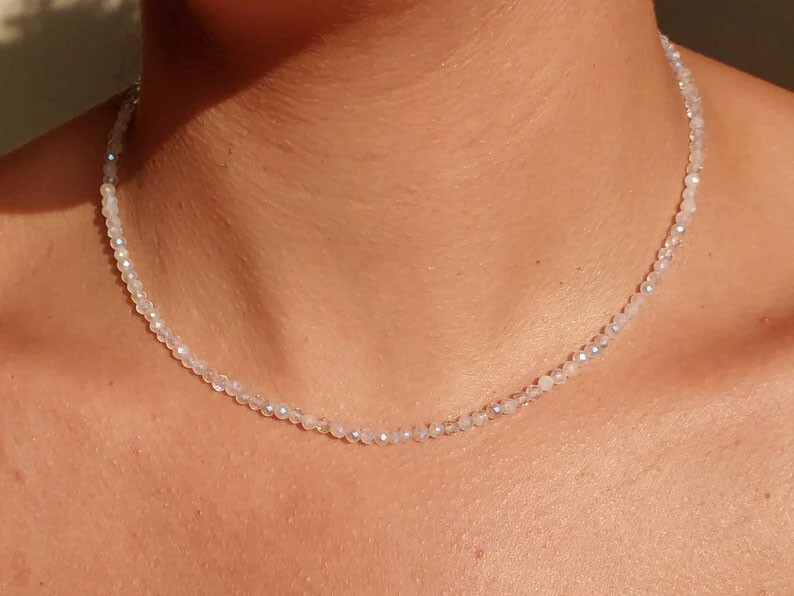 Rainbow Moonstone 2mm Tiny Beaded Choker Healing Dainty Women Boho Necklace Gift