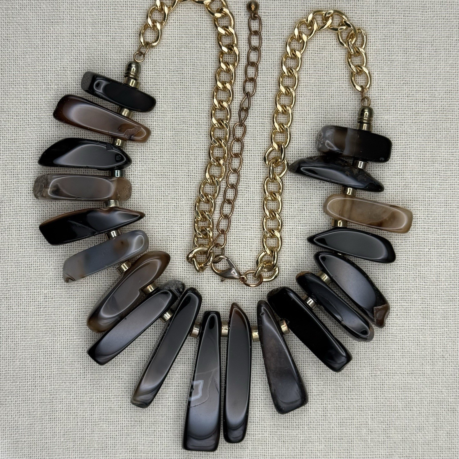 Stone Slice Collar Statement Bib Necklace Brown Black Grey 22″ Artisanal Earthy