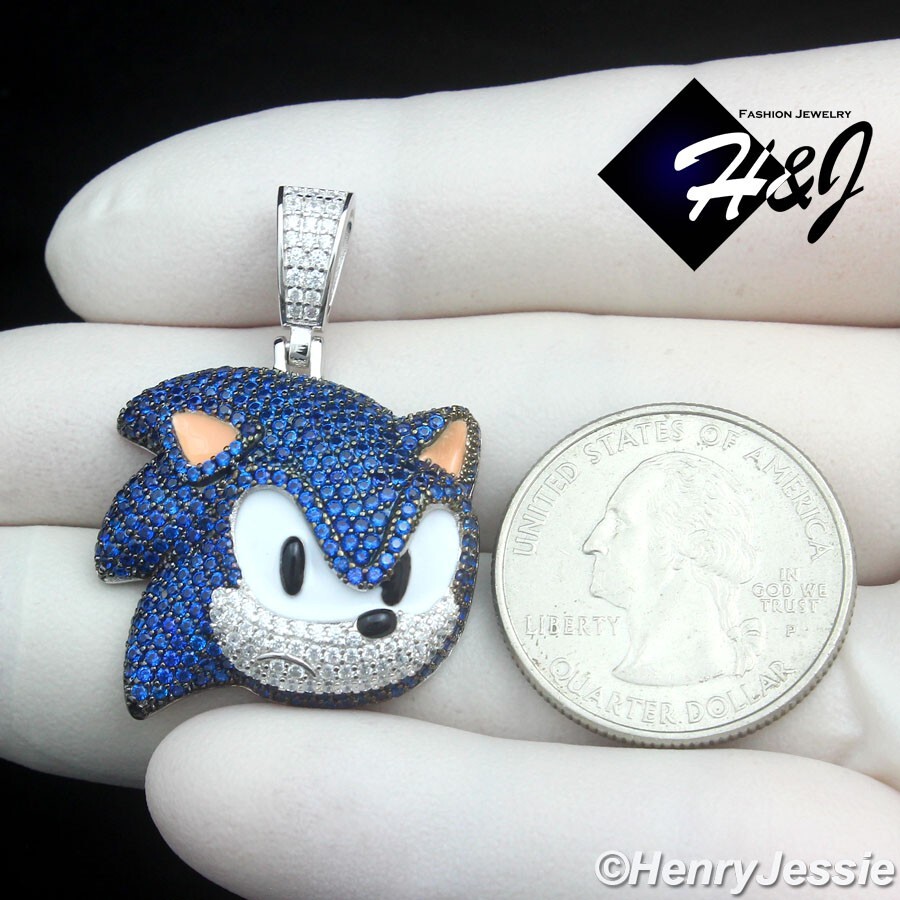 925 STERLING SILVER FULL ICY BLUE CZ HIPHOP 3D SONIC THE HEDGEHOG PENDANT*SBP489