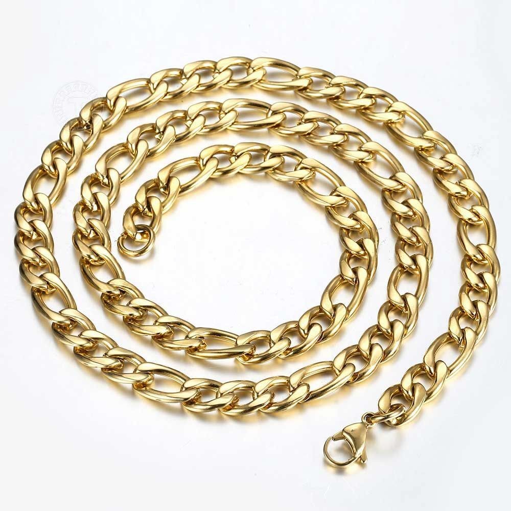 3/5/7/9mm Gold Plated Stainless Steel Figaro Chain Necklace Men Women 16-30″