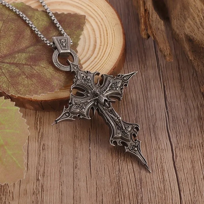 Gothic Skull Cross Pendant Necklace Jesus Crucifix Punk Catholic Jewelry