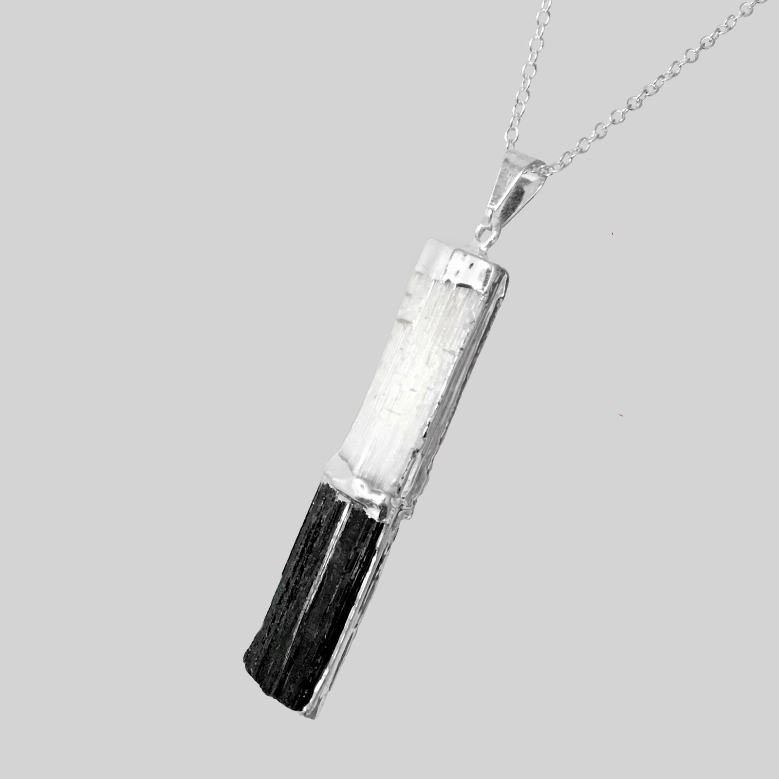 Black Tourmaline and Selenite Stacked Pendant Necklace Sterling Silver Chain Hea