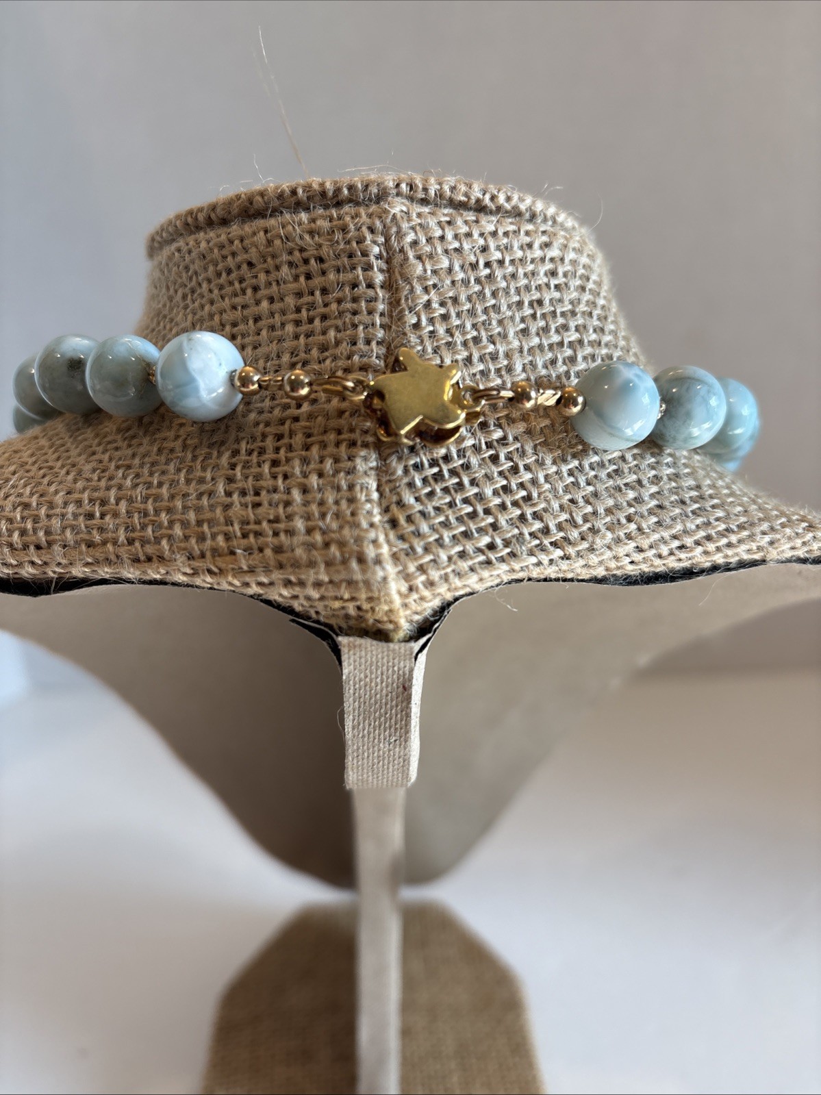 Handcrafted Genuine Dominican Larimar Ball Necklace Brass Accents & Flower Clasp